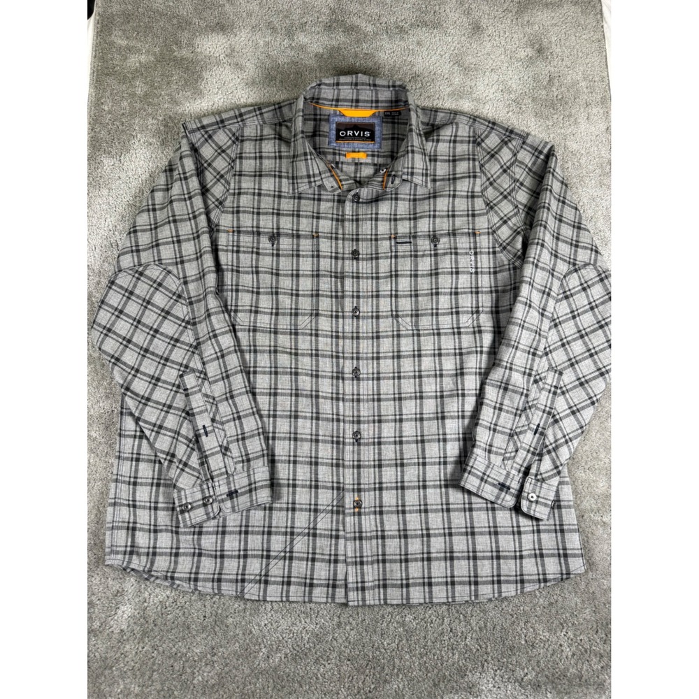 Orvis Mens XXL Gray Black Plaid Active Fit Long Sleeve Outdoor Button Down Shirt